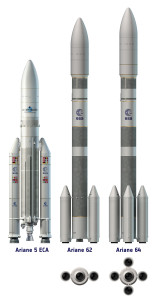 Artist's view of Ariane 5 ECA and the two configurations of Ariane 6 using two boosters (A62) or four boosters (A64). - Credits: ESA.