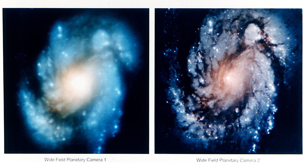 A comparison of images of the core of the galaxy M100, showing the dramatic improvement in Hubble Space Telescope's view after the first Hubble Servicing Mission in December 1993. - Credits: NASA.