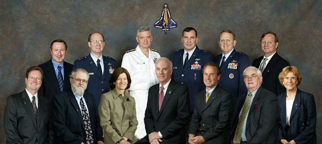 The Columbia Accident Investigation Board. From left to right seated are board members Roger E. Tetrault, Dr. James N. Hallock, Board Chairman Admiral (retired) Hal Gehman, Dr. Sheila Widnall, Dr. Douglas D. Osheroff. Standing from left to right are Rear Admiral Stephen Turcotte, Brig. General Duane Deal, Maj. General Kenneth W. Hess, Dr. Sally Ride, Steven Wallace, Dr. John Logsdon, Maj. General John Barry, and G. Scott Hubbard.