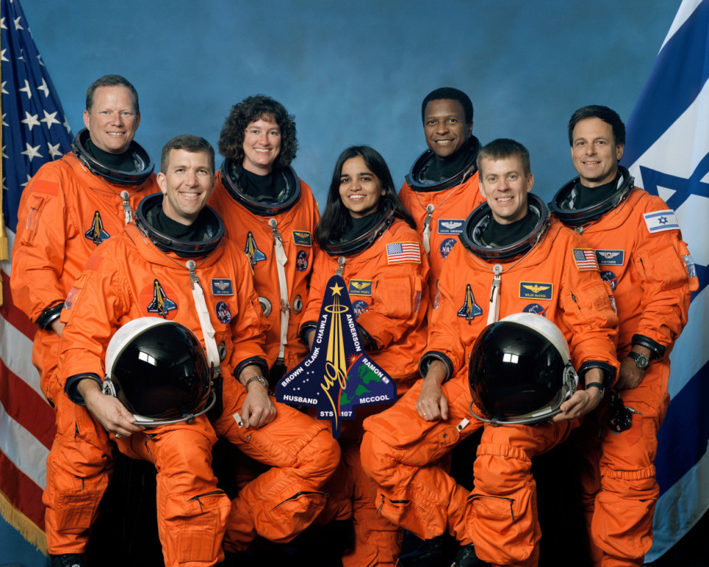 STS-107 Crew - Rear (L-R): David Brown, Laurel Clark, Michael Anderson, Ilan Ramon; Front (L-R): Rick Husband, Kalpana Chawla, William McCool. Credits: WIkimedia