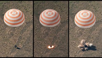 This montage of three frames shows the Soyuz TMA-17 spacecraft as it lands with Expedition 23 Commander Oleg Kotov and Flight Engineers T.J. Creamer and Soichi Noguchi near the town of Zhezkazgan, Kazakhstan on Wednesday, June 2, 2010. NASA Astronaut Creamer, Russian Cosmonaut Kotov and Japanese Astronaut Noguchi are returning from six months onboard the International Space Station where they served as members of the Expedition 22 and 23 crews. Photo Credit: (NASA/Bill Ingalls)