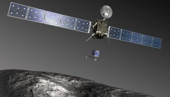 Artist's impression of the Rosetta orbiter deploying the Philae lander to comet 67P/Churyumov–Gerasimenko (not to scale). credits:ESA