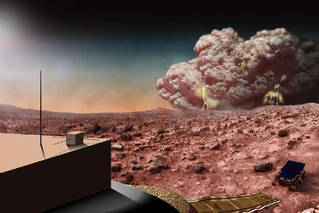 This artists concept illustrates a Martian dust storm, which might also crackle with electricity. Credits: NASA