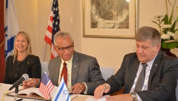 NASA Administrator Charles Bolden and Israel Space Agency Director General Menachem Kidron signed a cooperation agreement at IAC 2015. Credit: Yair Zrika.